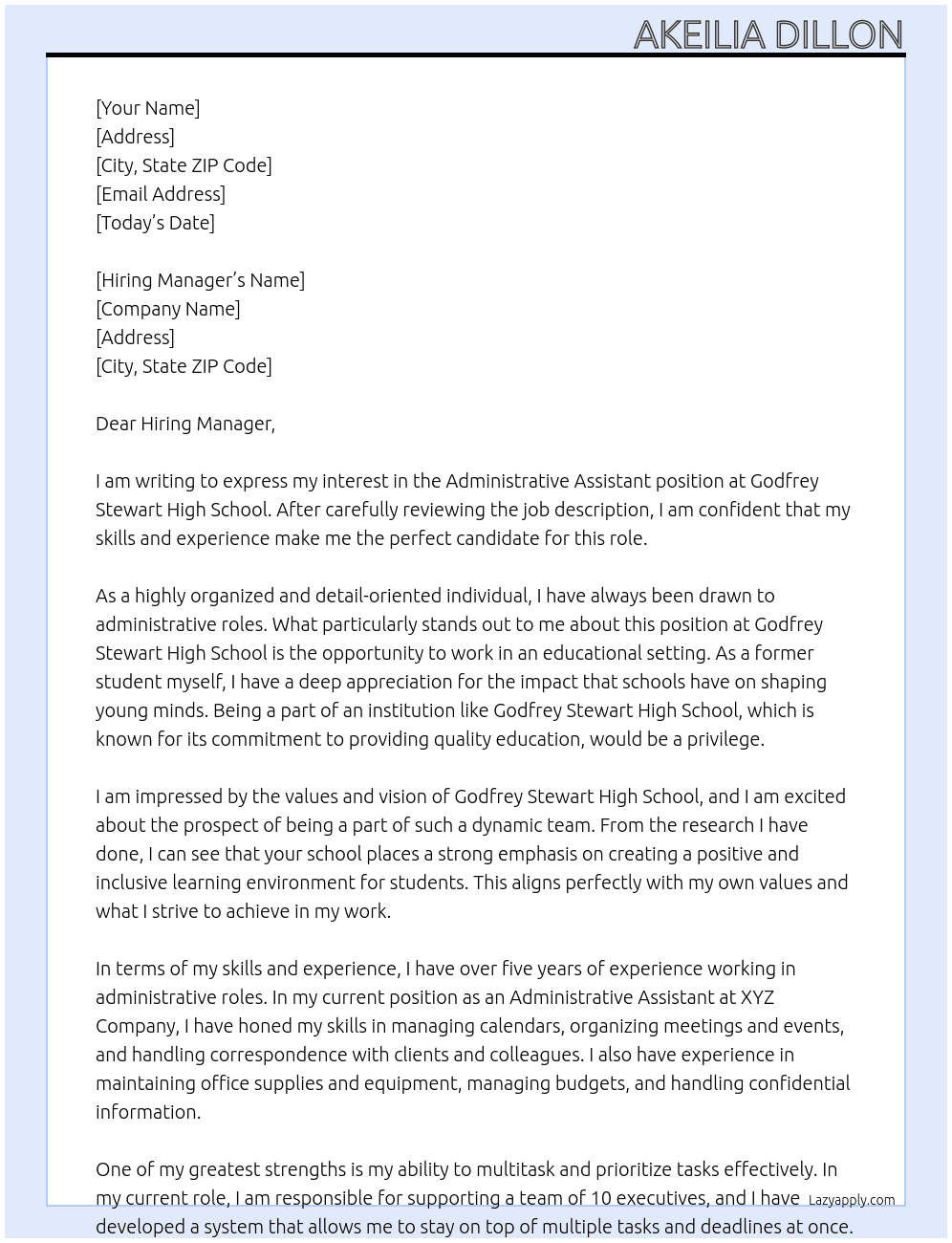 Administrative assistant At Godfrey Stewart High School Cover Letter