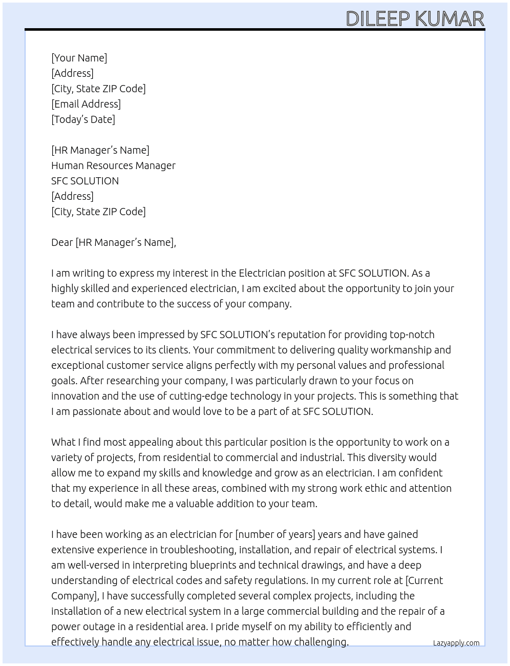 Electrician At SFC SOLUTION Cover Letter