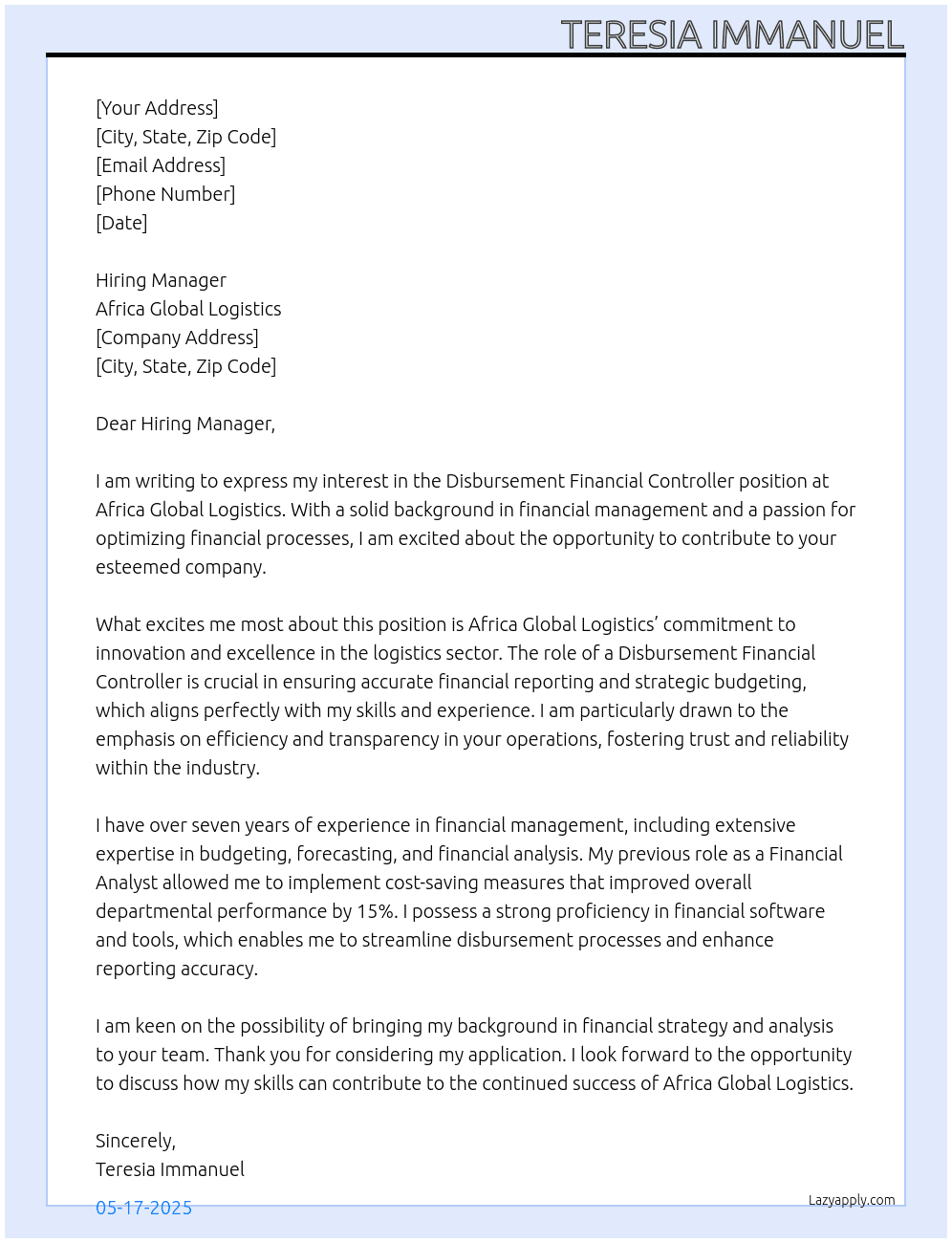 Disbursement Financial Controller At Africa Global Logistic Cover Letter