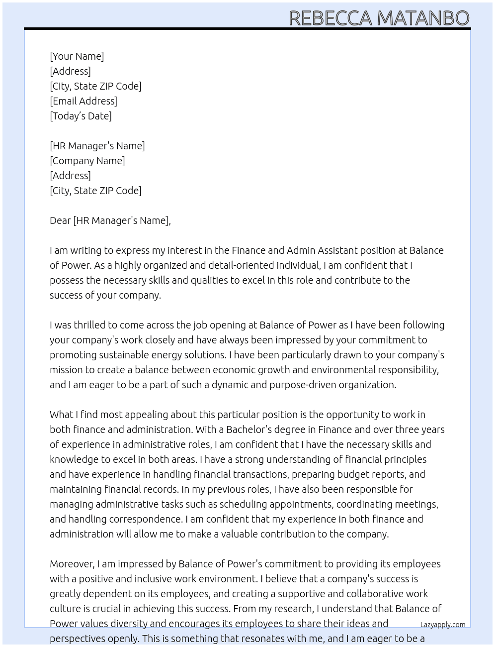 Finance and Admin Assistant At  Balance of power Cover Letter