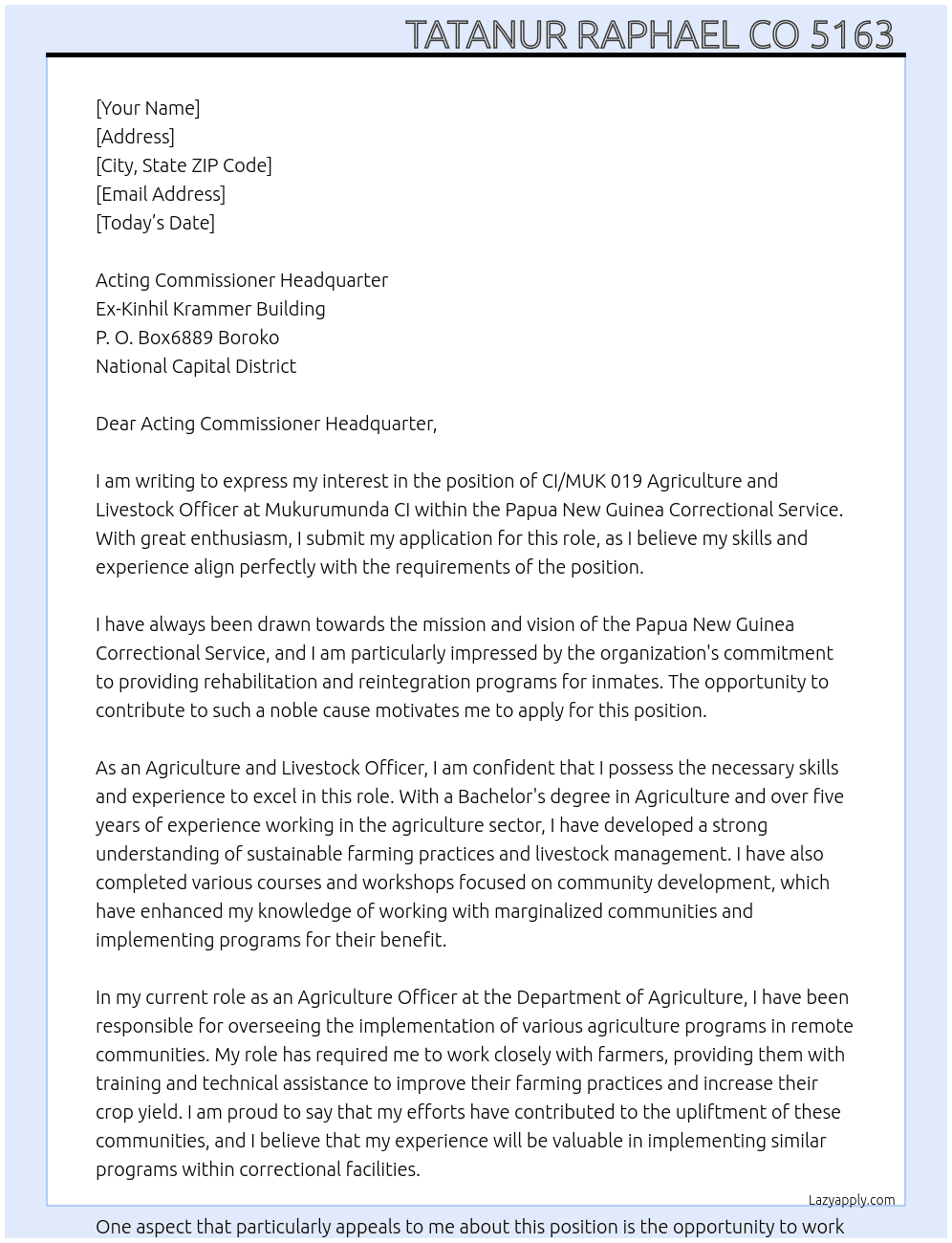 CI/MUK 019 Agriculture and Livestock officer at Mukurumunda CI At Papua New Guinea Correctional Service  Cover Letter