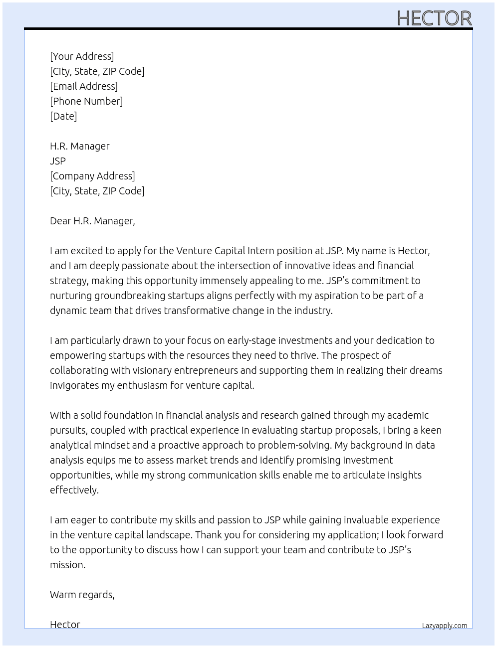 Venture Capital intern At jsp Cover Letter