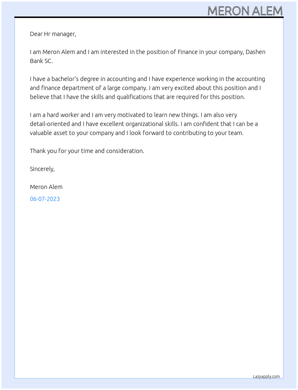 Finance At Dashen Bank SC Cover Letter
