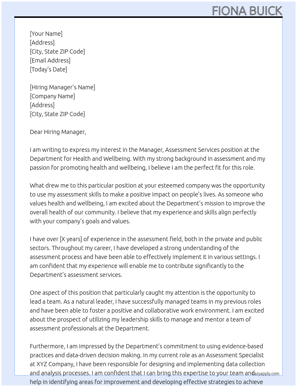 Manager, Assessment Services At Department for Health and Wellbeing Cover Letter