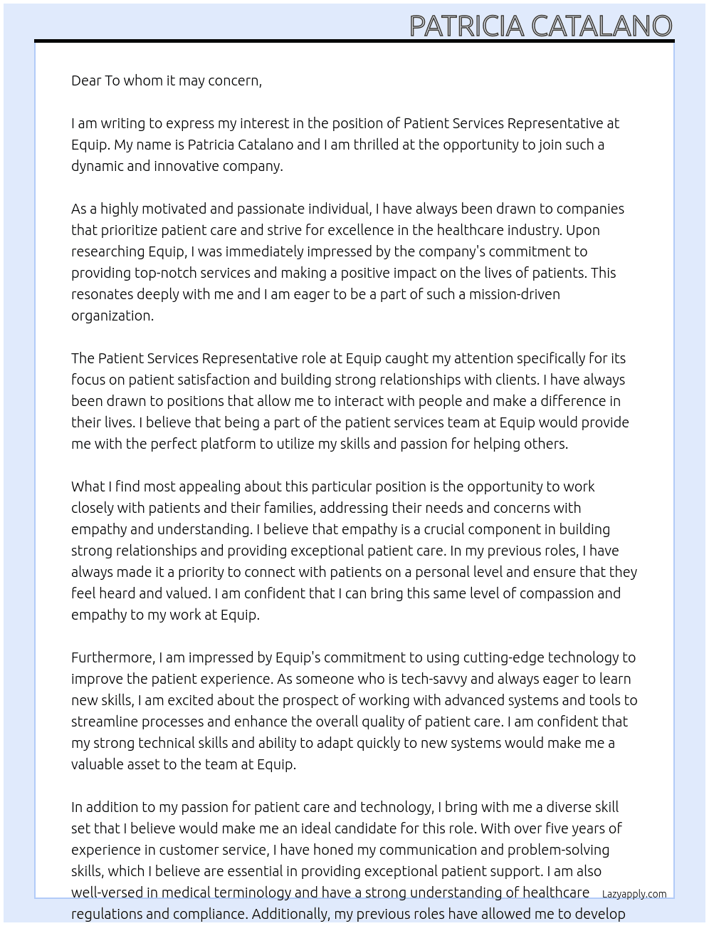 Patient Services Representative  At Equip  Cover Letter
