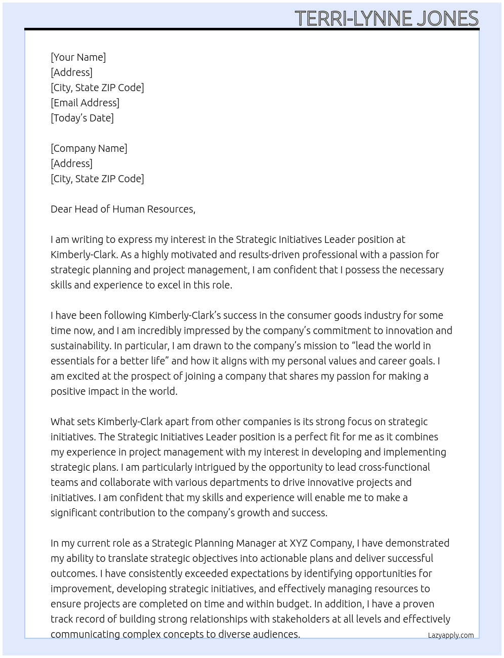 Strategic Initiatives Leader At Kimberly-Clark Cover Letter