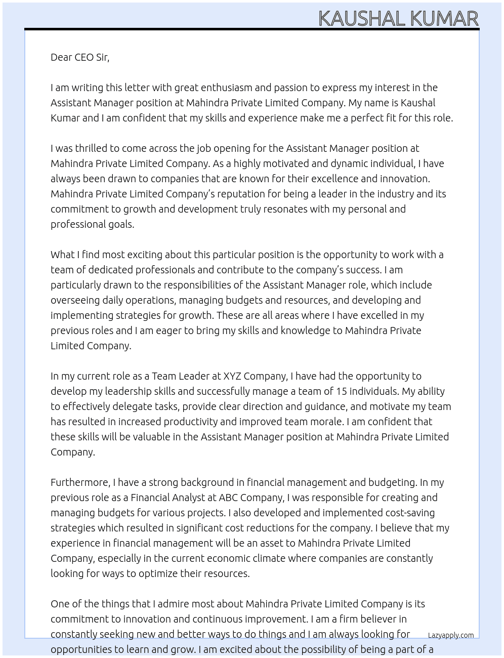 Assistant Manager At Mahindra Private limited Company Cover Letter