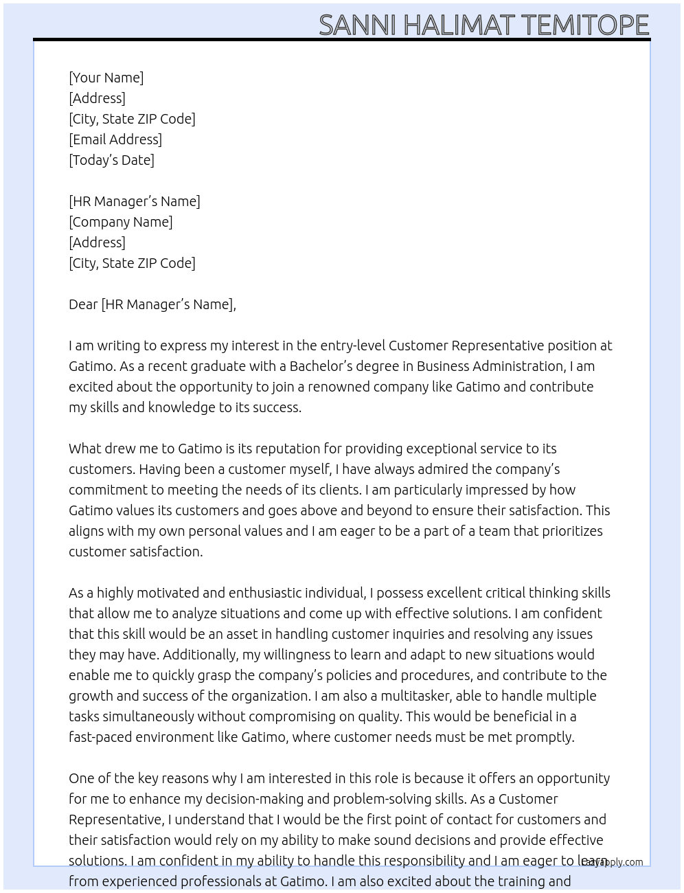 entry level  Customer Representative At gatimo Cover Letter