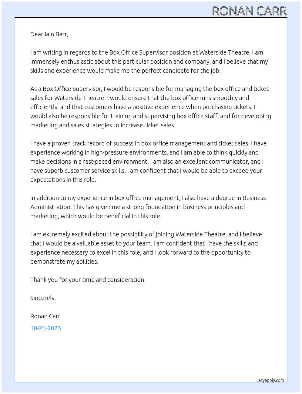Box Office Supervisor At Waterside Theatre Cover Letter