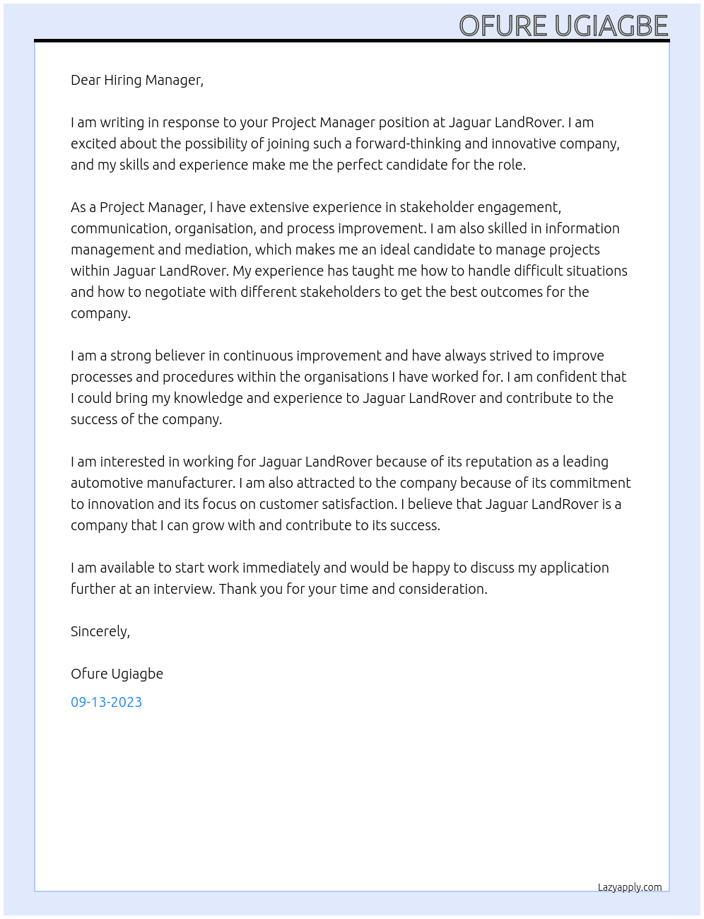 Project Manager At Jaguar LandRover  Cover Letter