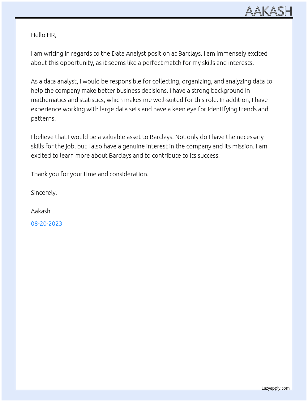 data analyst At barcalys Cover Letter