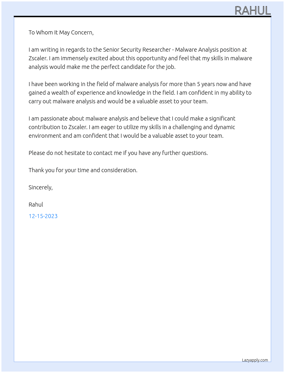 Senior Security Researcher - Malware Analysis At Zscaler Cover Letter