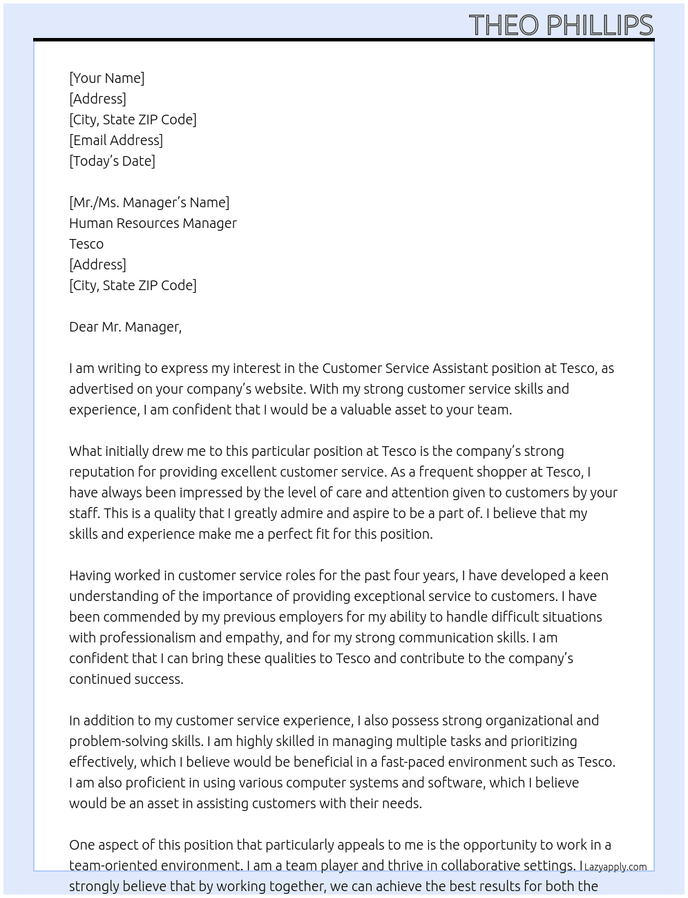 customer service assistant  At Tesco Cover Letter