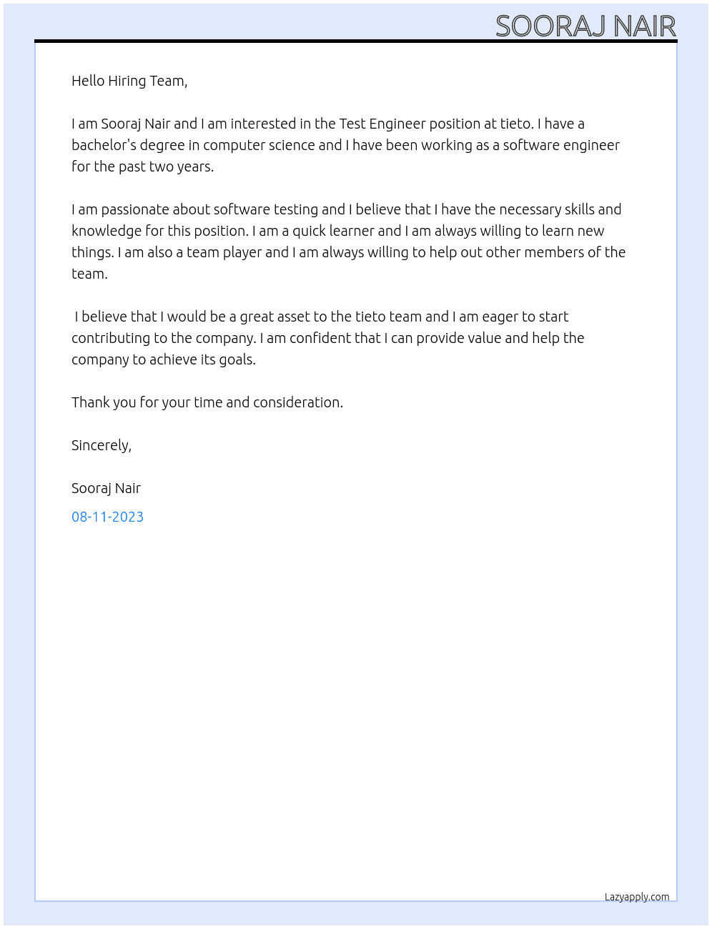 Test Engineer At tieto Cover Letter
