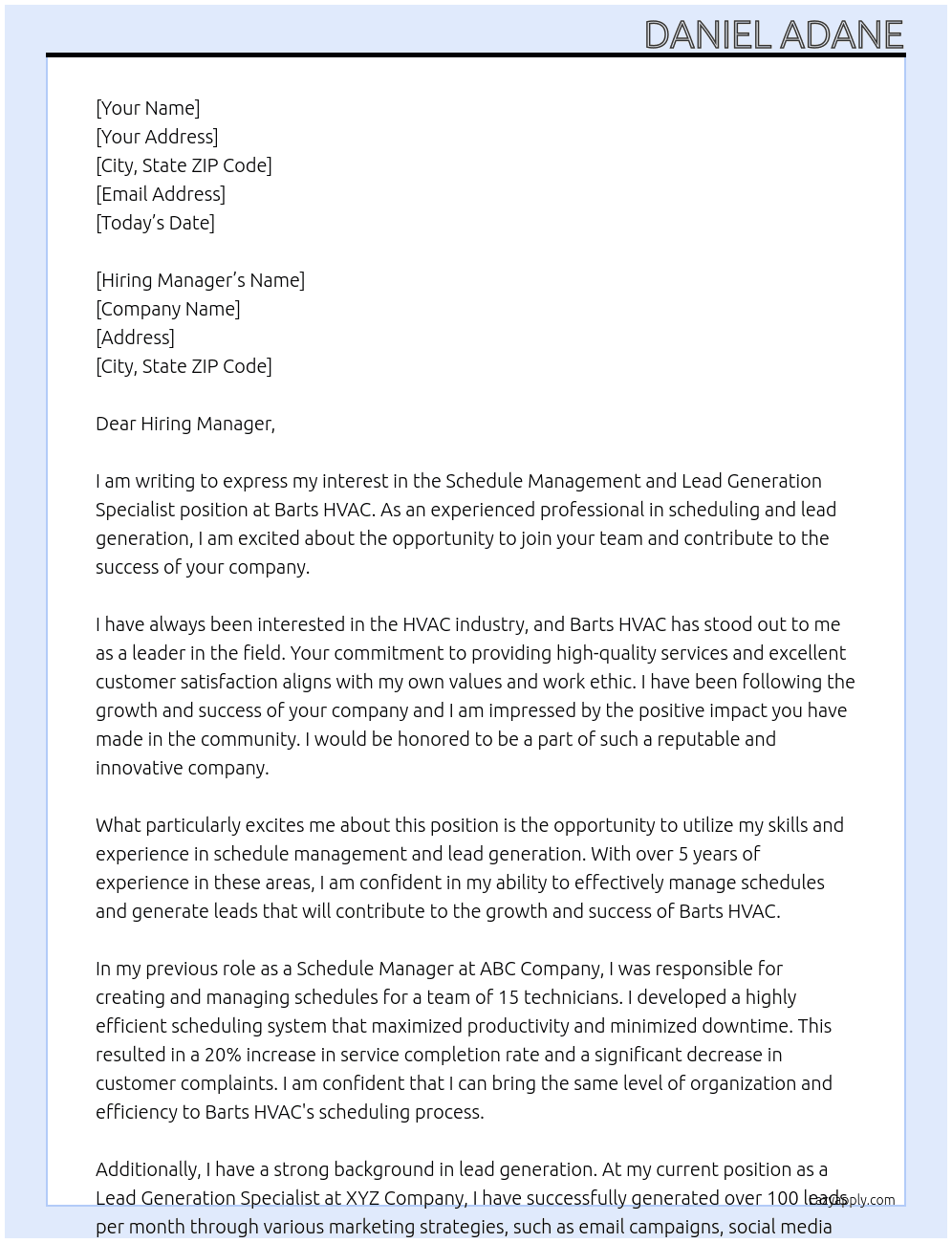 Schedule Management and Lead Generation Specialist At Barts HVAC Cover Letter