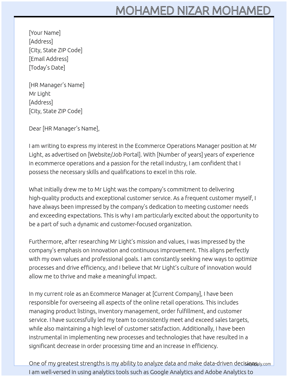 Ecommerce Operations Manager At Mr Light Cover Letter