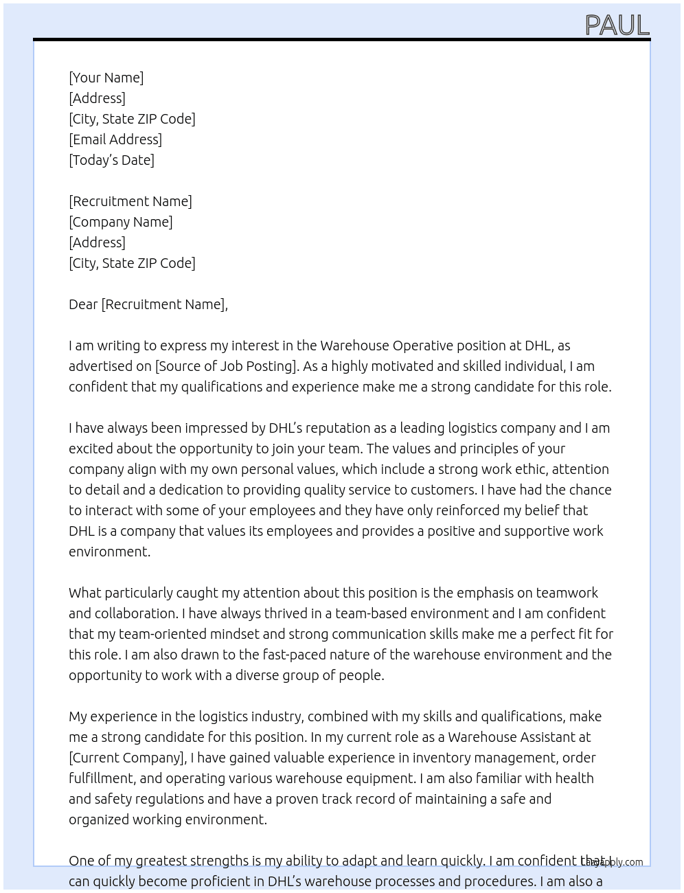 Warehouse operative At Dhl Cover Letter