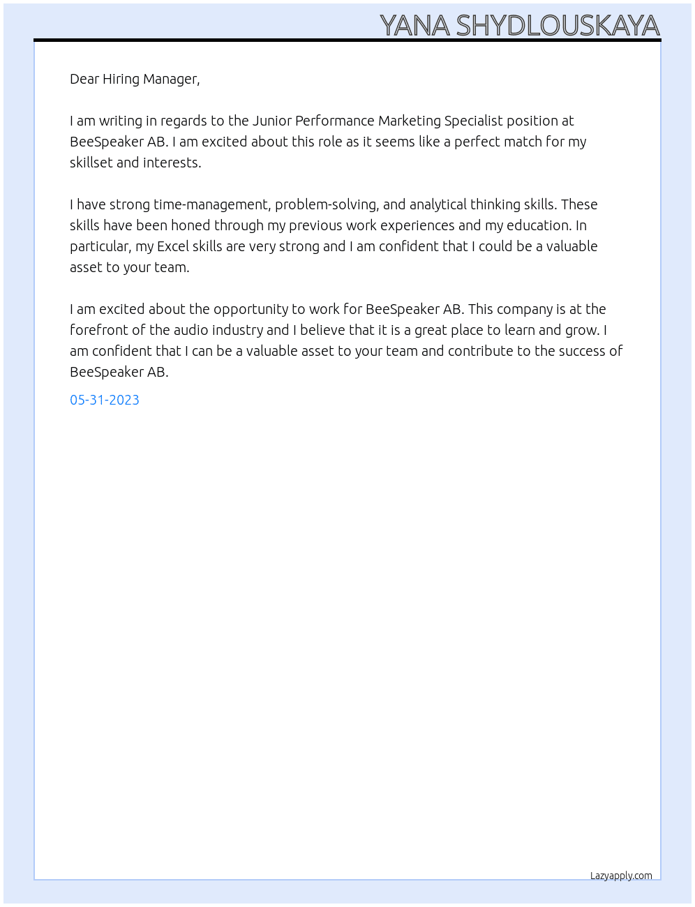 Junior Performance Marketing Specialist At BeeSpeaker AB Cover Letter