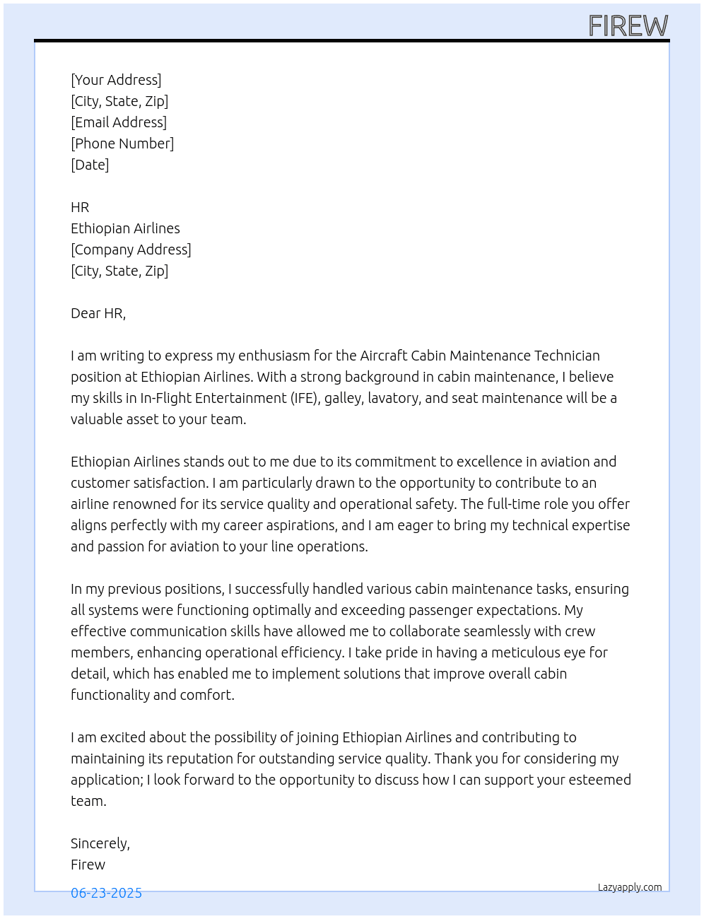Aircraft Cabin Maintenance technician  At Ethiopian AIRLINES  Cover Letter