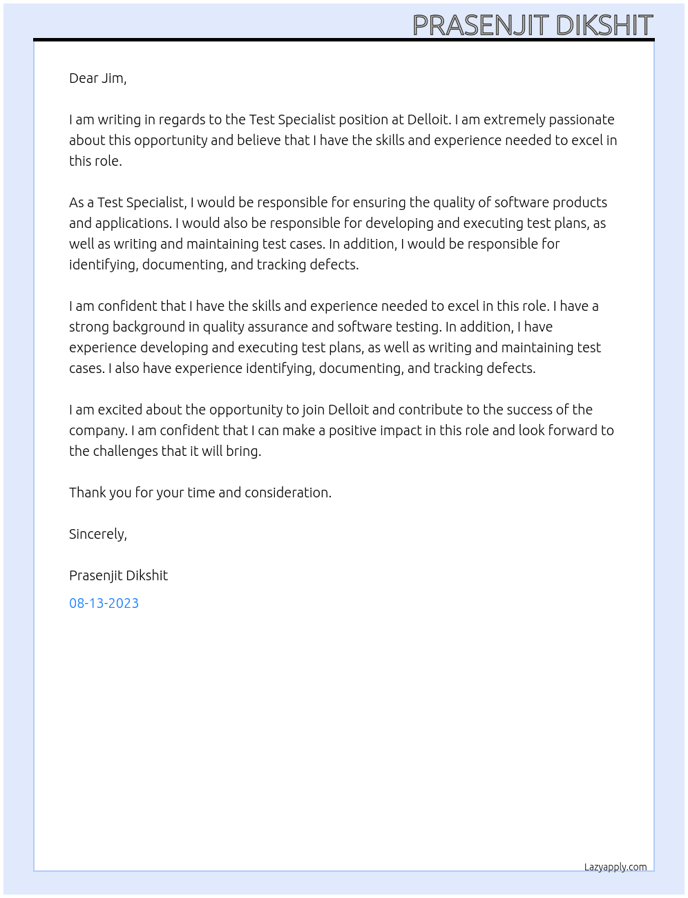 Test Specialist At Delloit Cover Letter