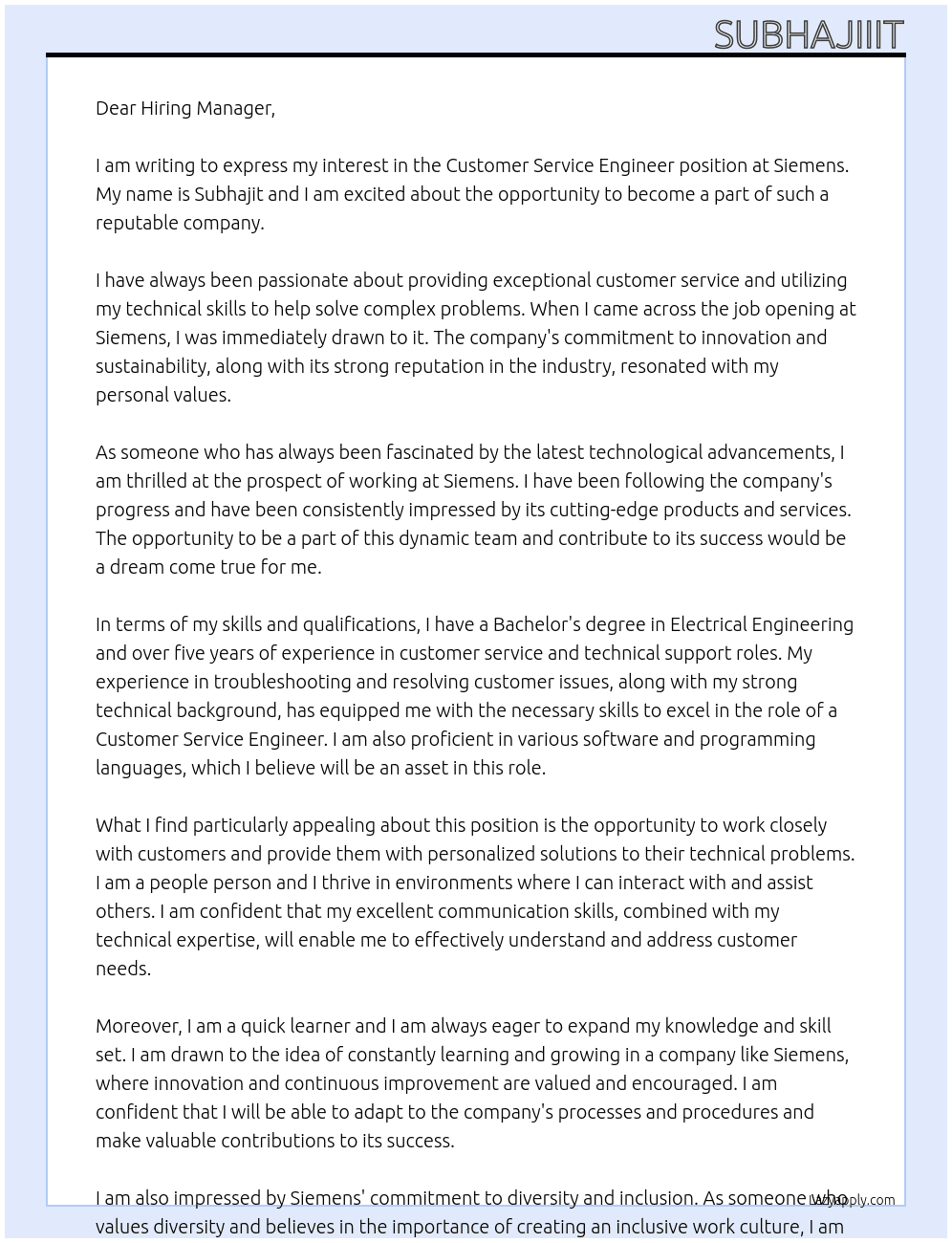 Cover letter for customer service engineer - LazyApply