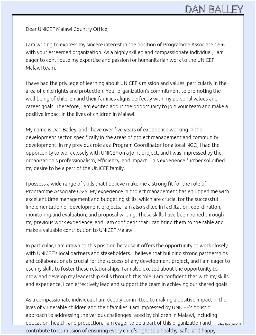 Programme Associate GS-6; Lilongwe, Malawi. #72956 At UNICEF MalWI Cover Letter
