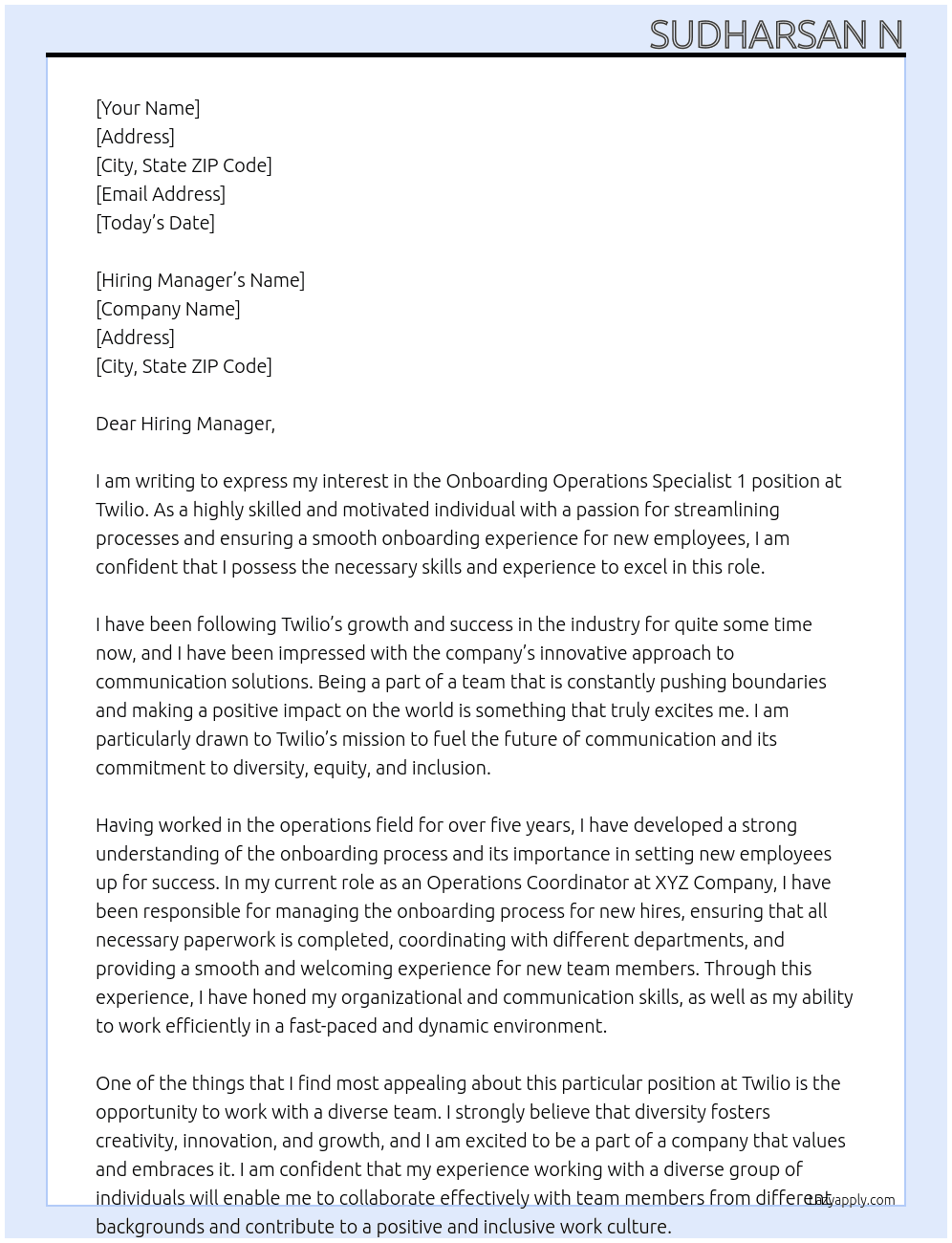 Onboarding Operations Specialist 1 At Twilio Cover Letter