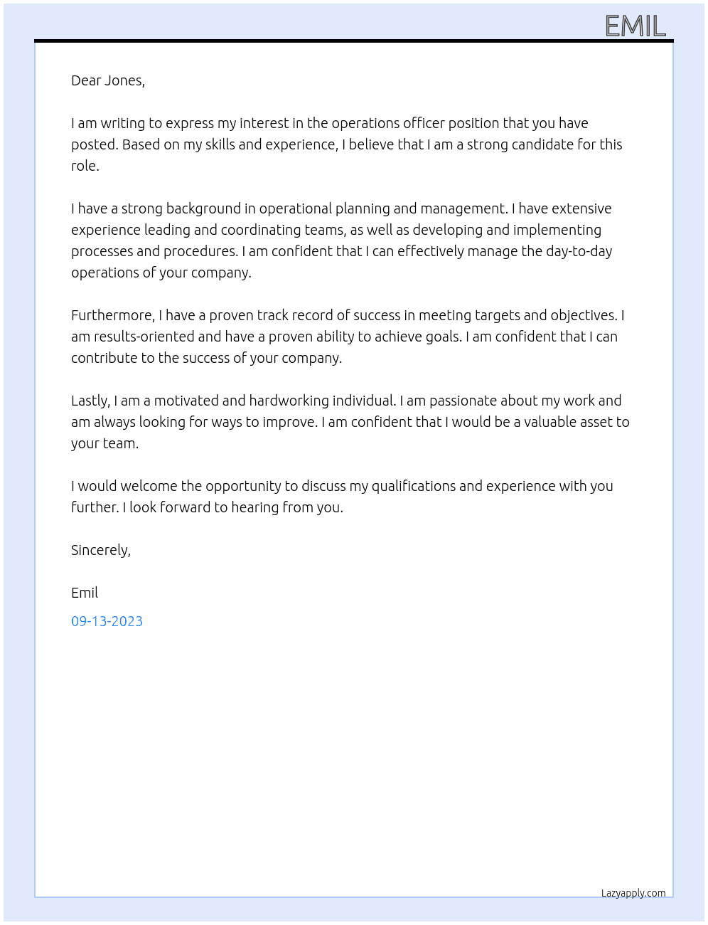 officer of operations  At Jones Cover Letter