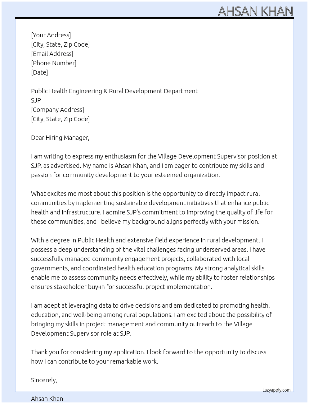  Village Development Supervisor At SJP Cover Letter