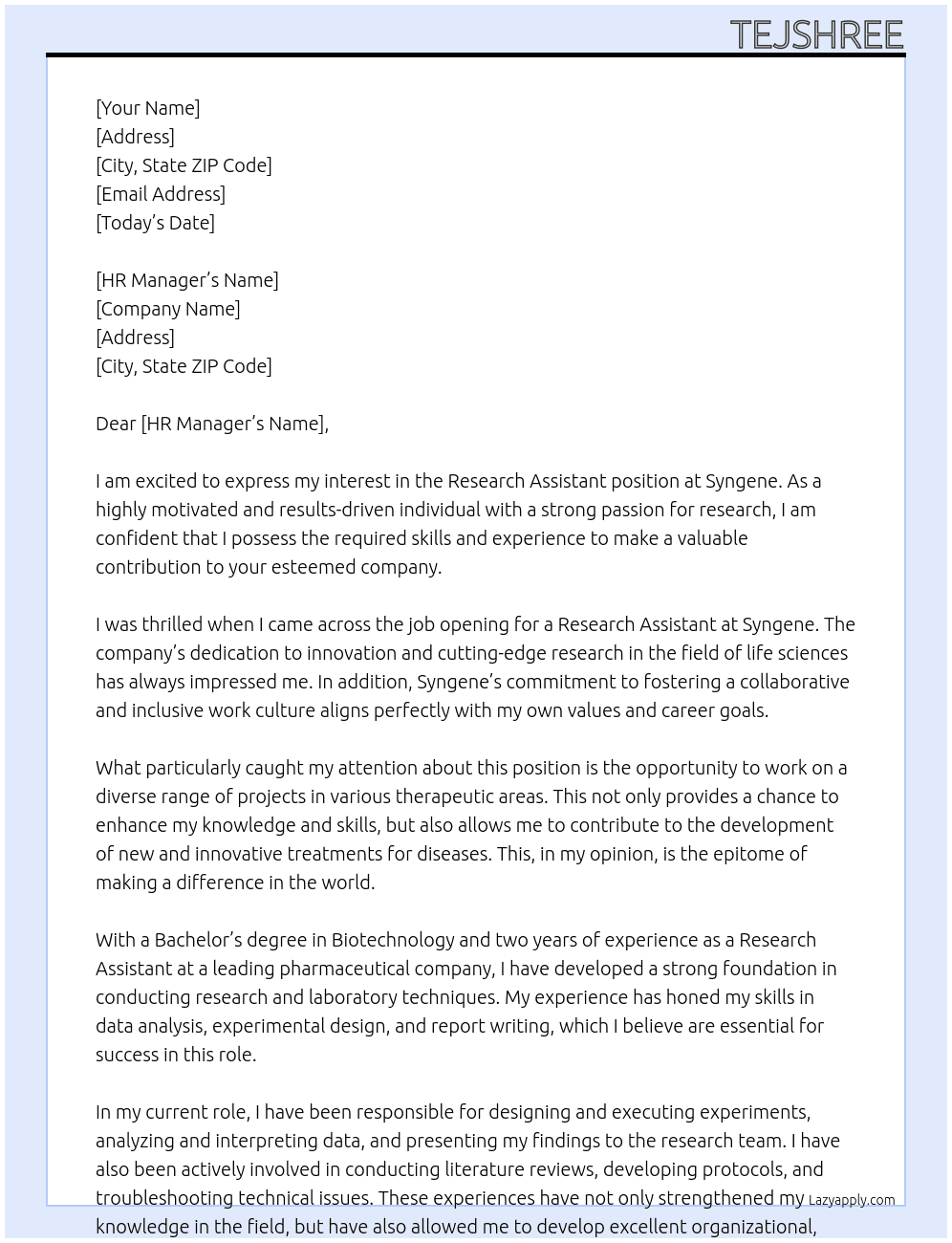 resarch assitant At syngene Cover Letter
