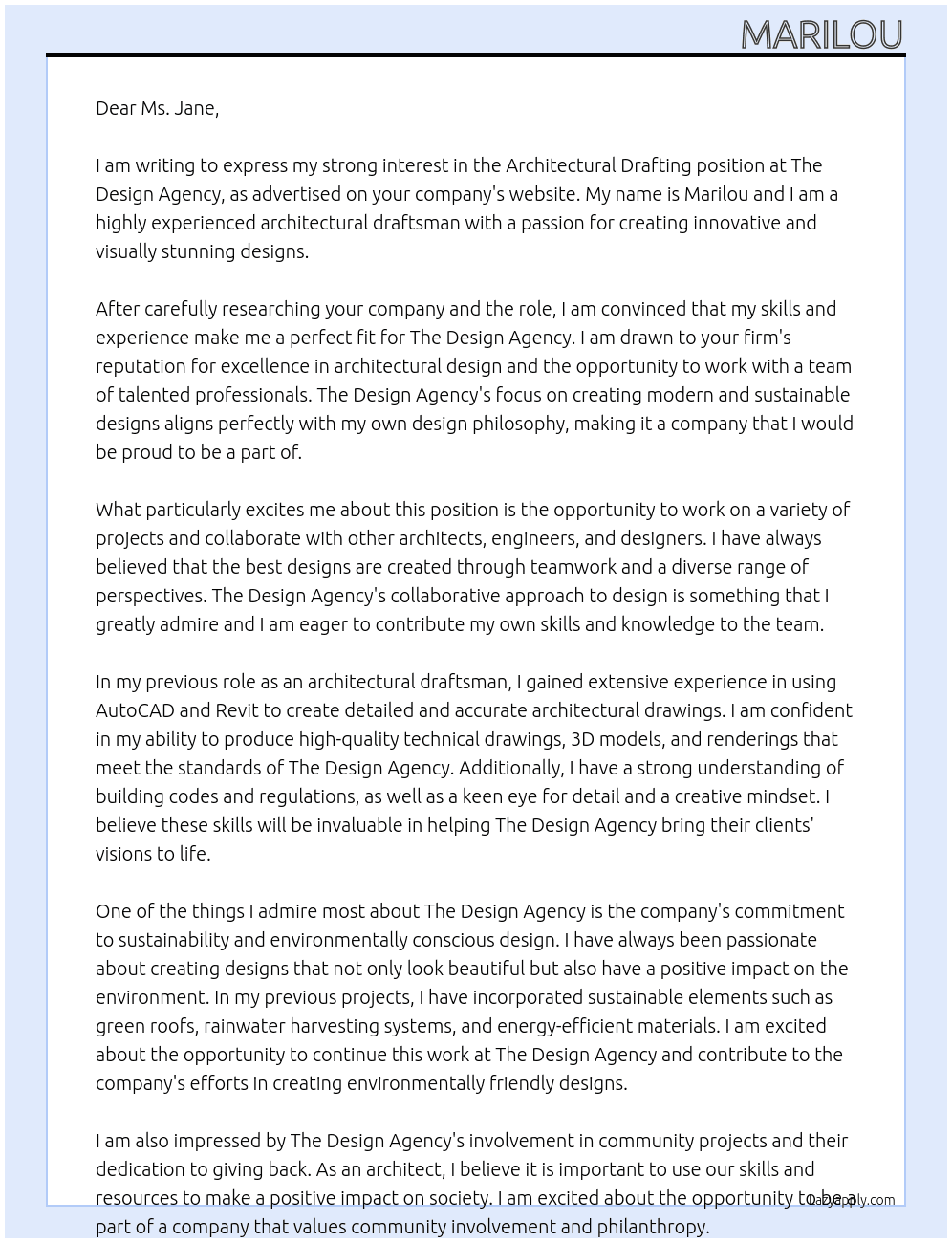 Architectural drating At The Design Agency  Cover Letter