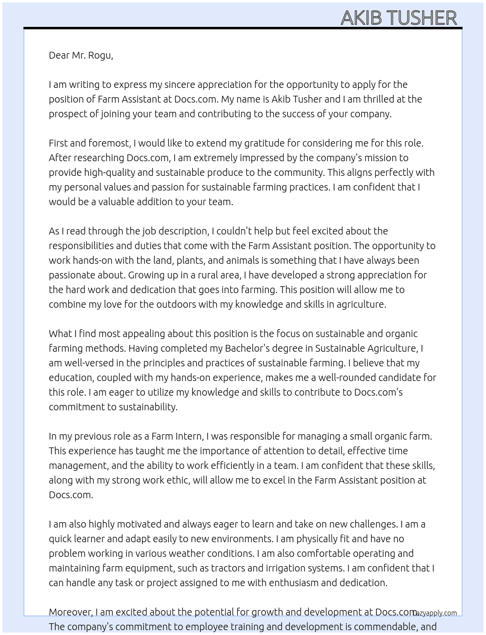 Farm Assistant  At Docs .com Cover Letter
