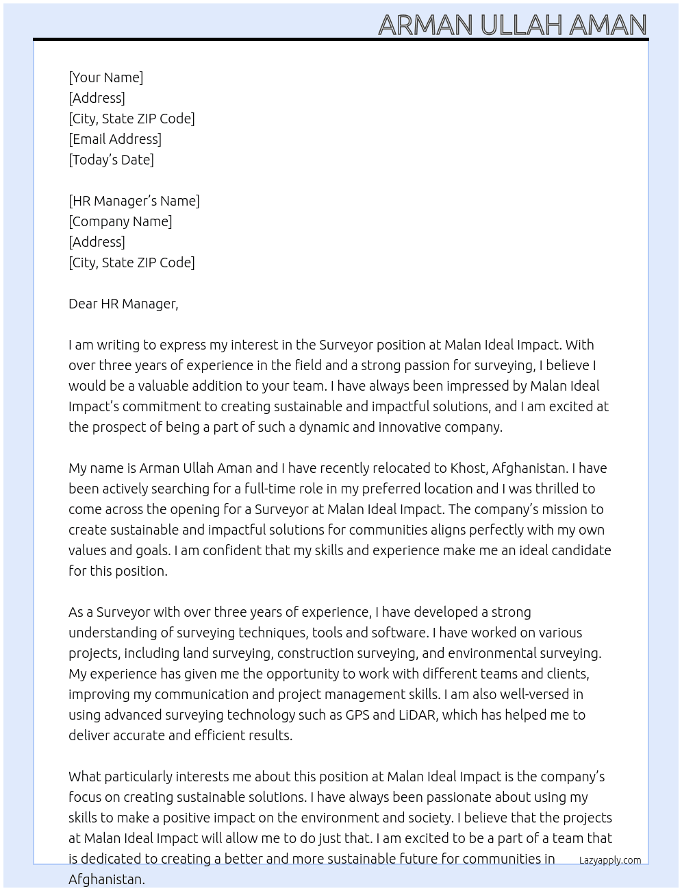 Surveyor At Malan Ideal Impact Cover Letter