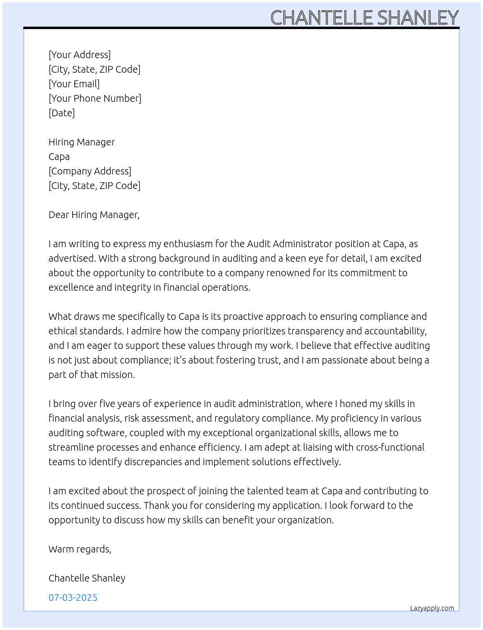 Cover letter for audit administrator - LazyApply