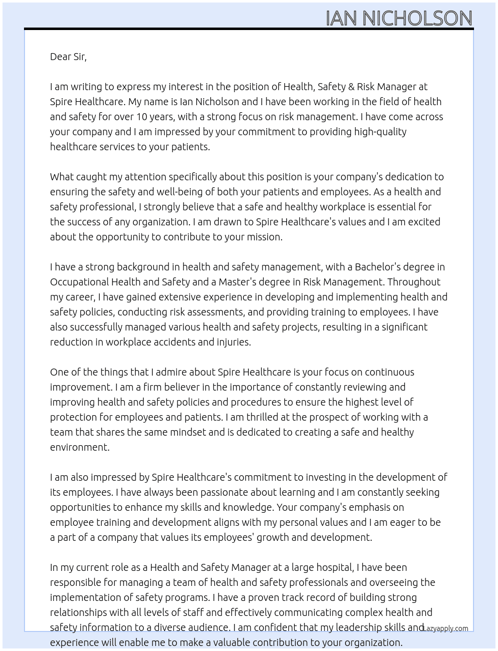 Health, Safety & Risk Manager At Spire Healthcare Cover Letter