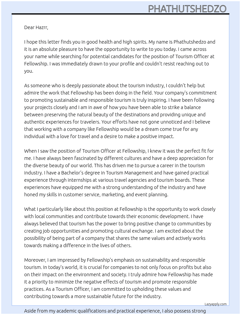 Tourism officer  At Fellowship  Cover Letter