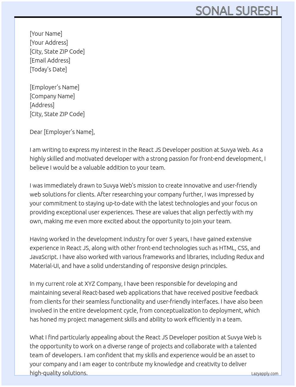 React js developer  At Suvya Web Cover Letter