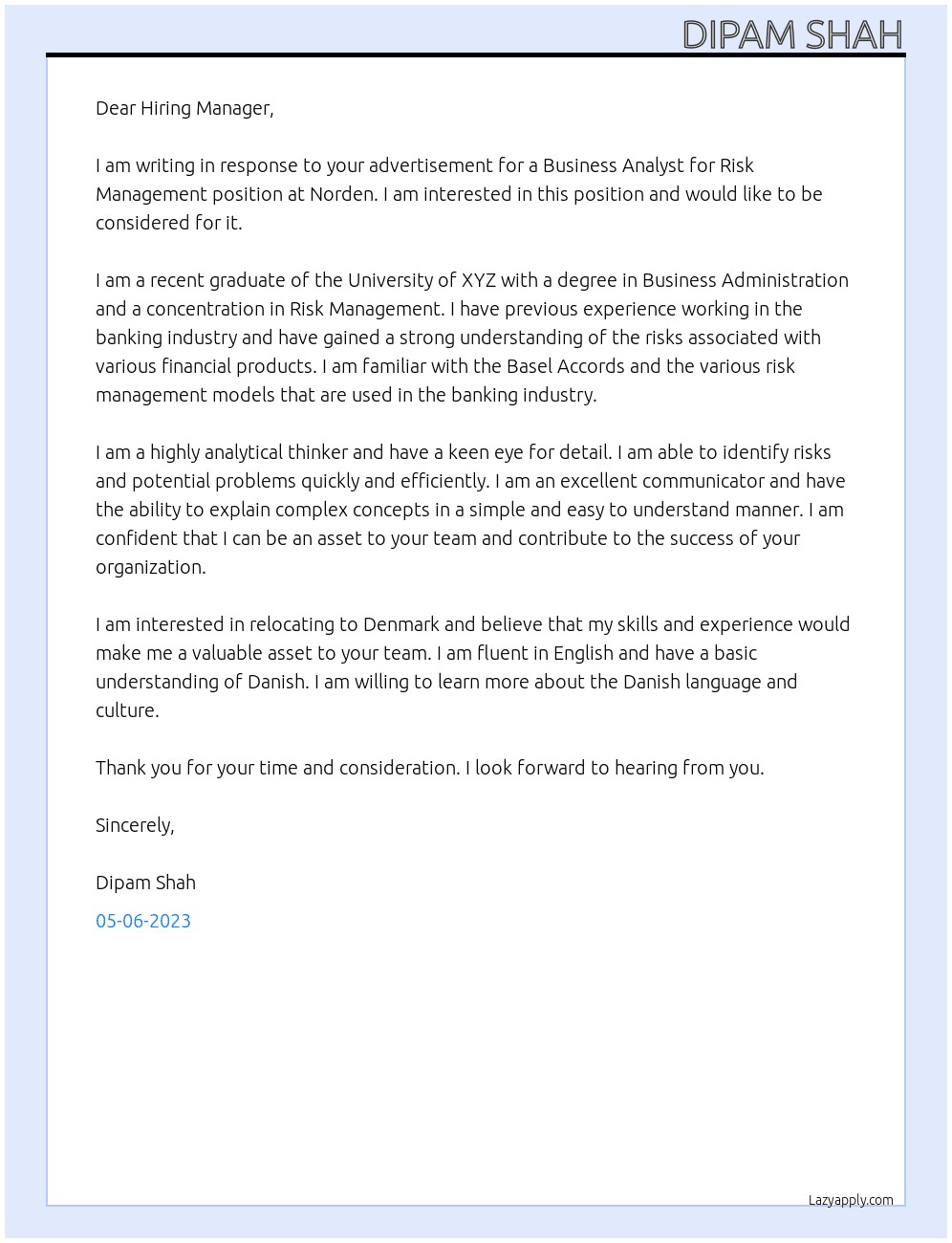 Business Analyst for Risk Management At Norden Cover Letter