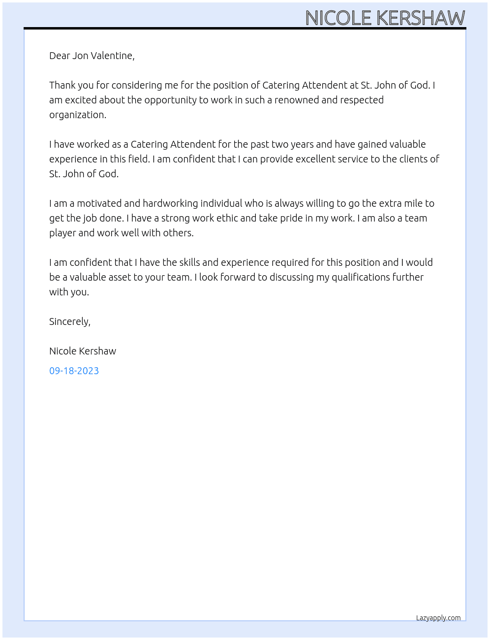 Catering Attendent At St. John of God Cover Letter