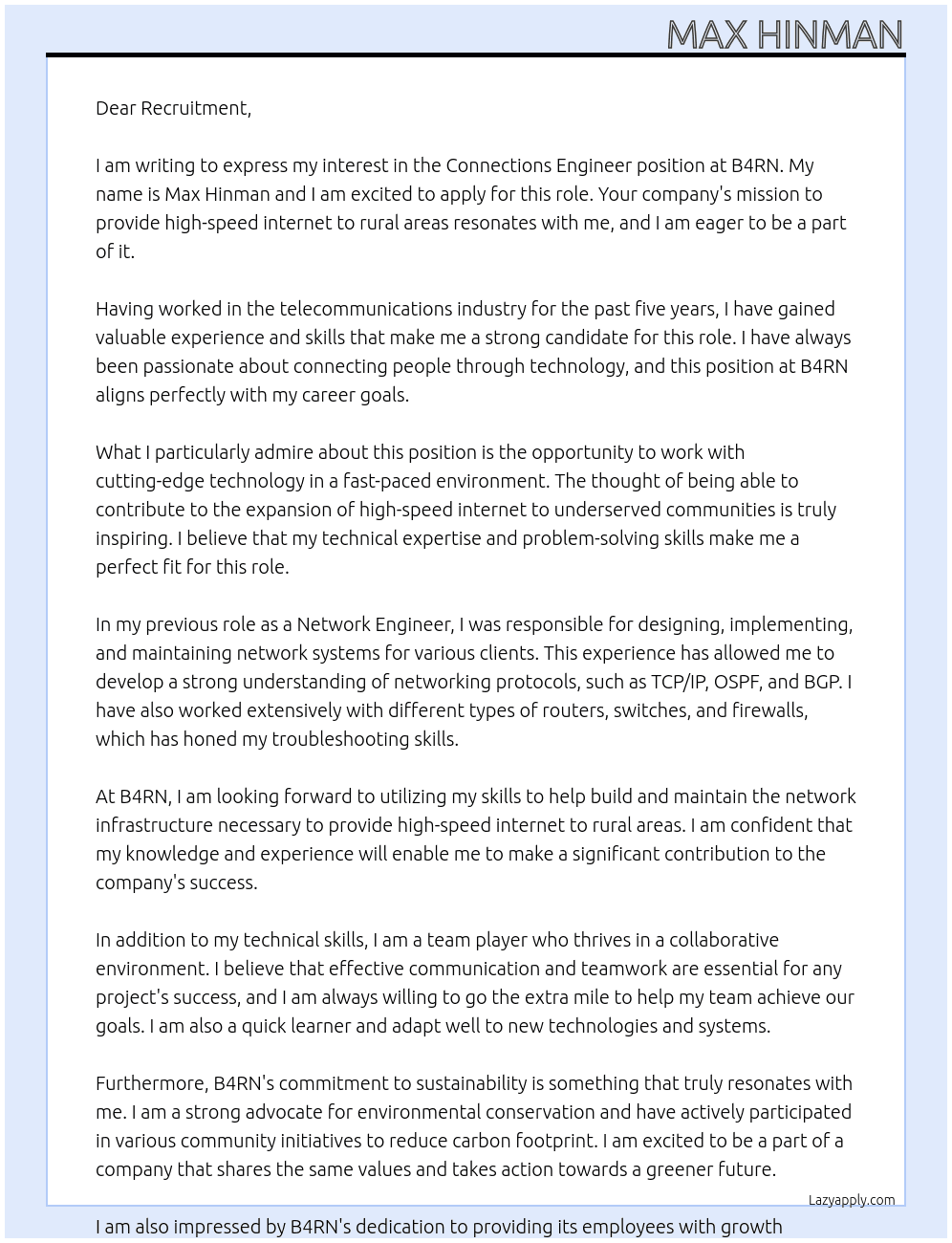 Connections Engineer At B4RN Cover Letter