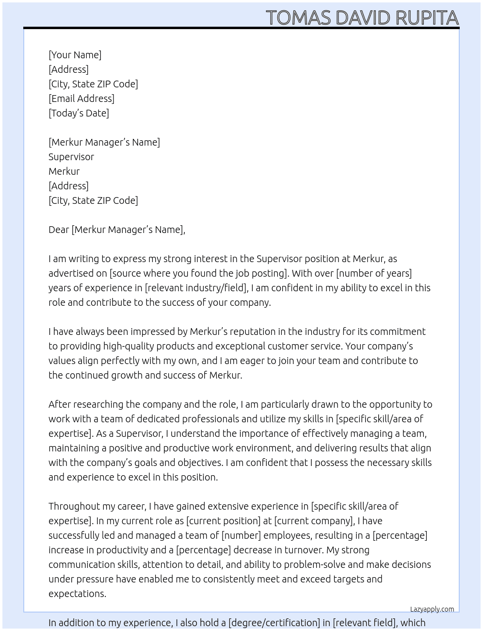Supervisor At Merkur Cover Letter