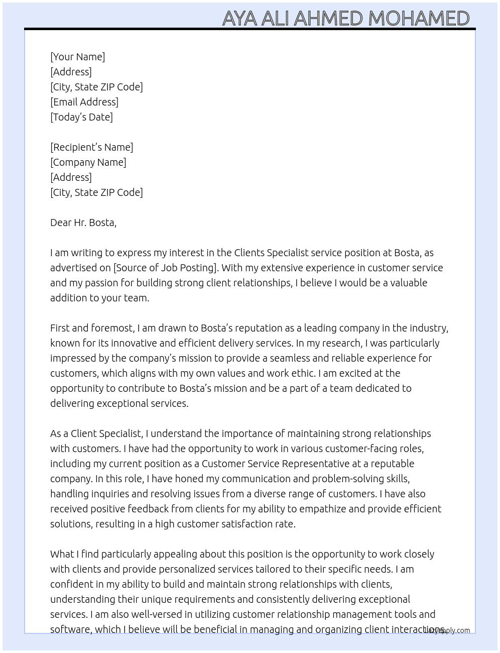 Clients Specialist service  At Bosta Cover Letter