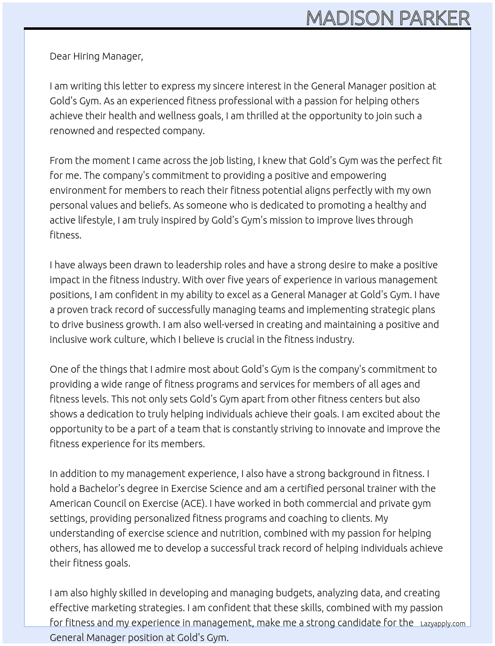 General Manager At Gold's Gym Cover Letter