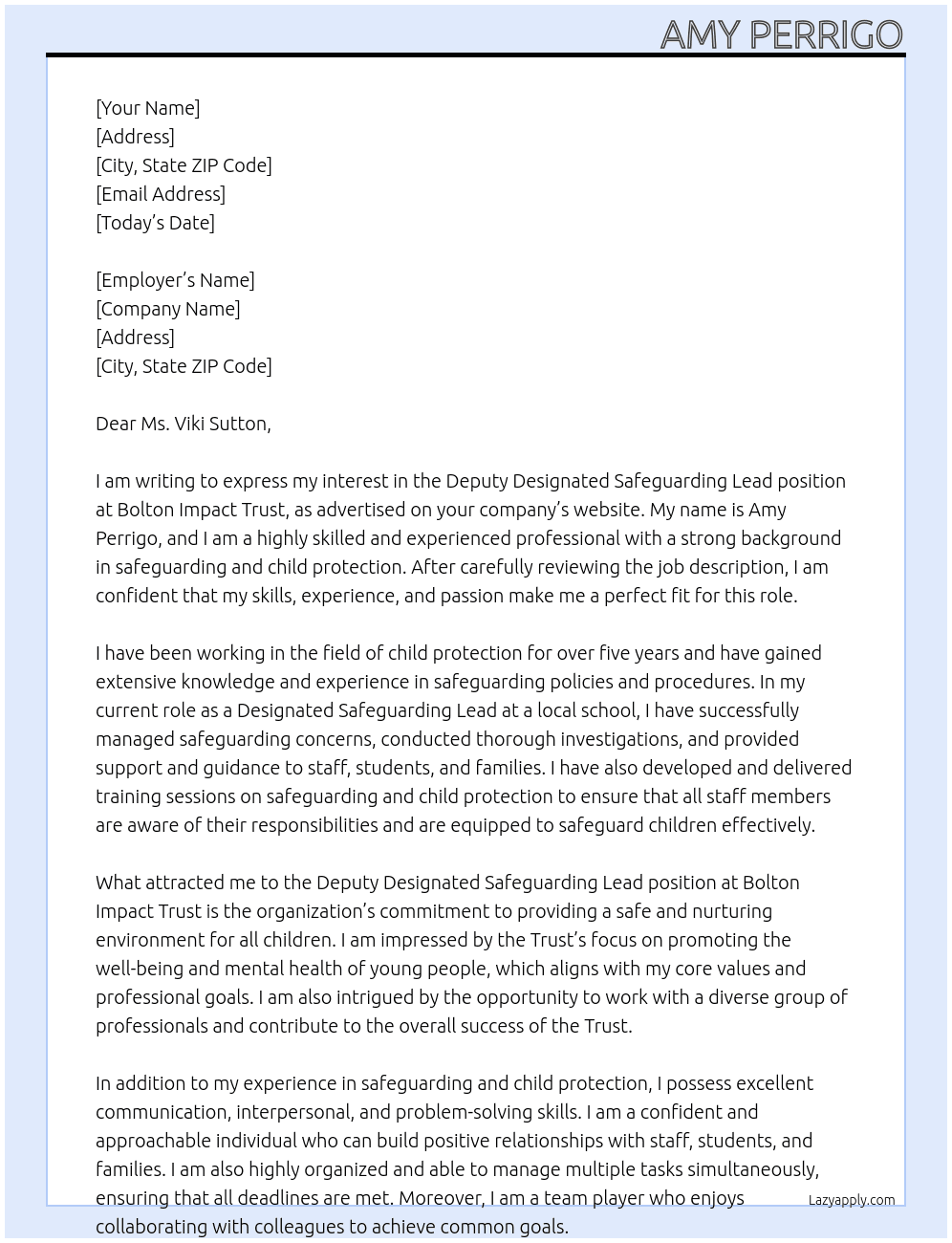 Deputy Designated Safeguarding lead At Bolton Impact Trust Cover Letter