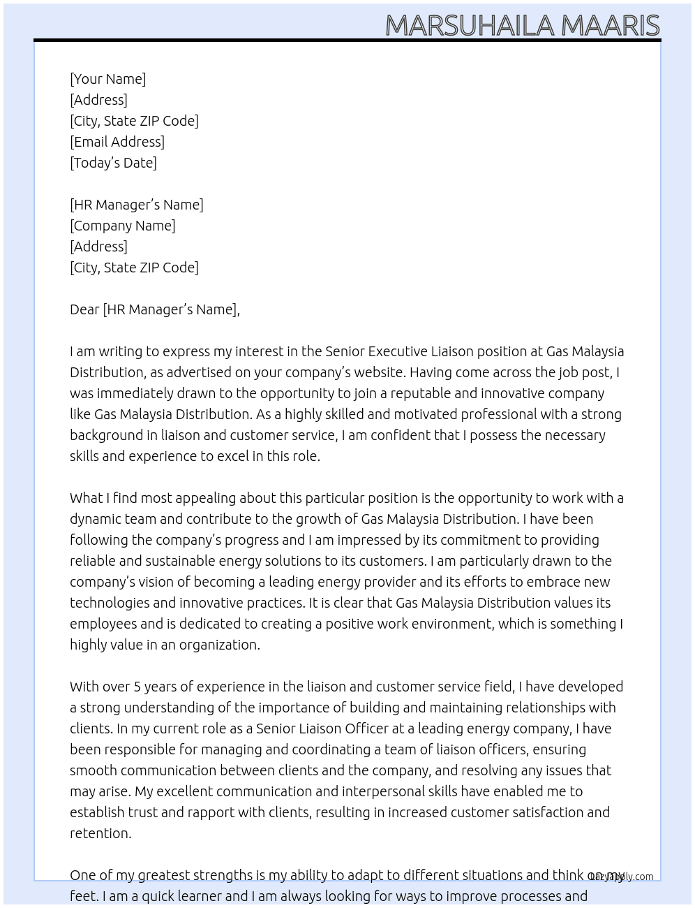 Senior Executive Liaison  At Gas Malaysia Distribution  Cover Letter