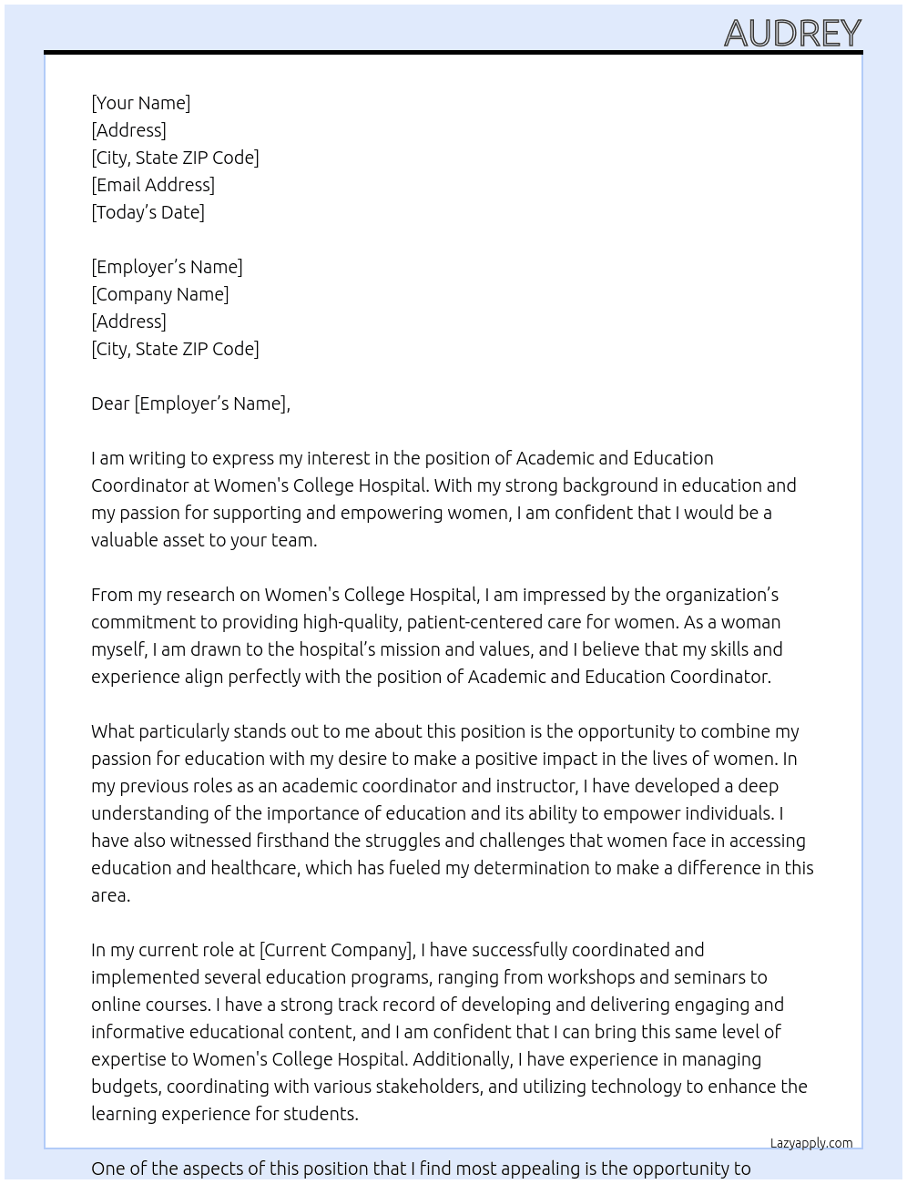 academic and education coordinator At Women's college hospital  Cover Letter