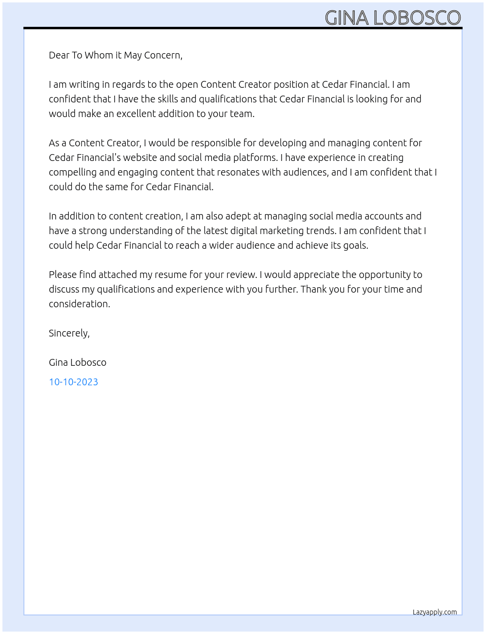 Content Creator At Cedar Financial Cover Letter