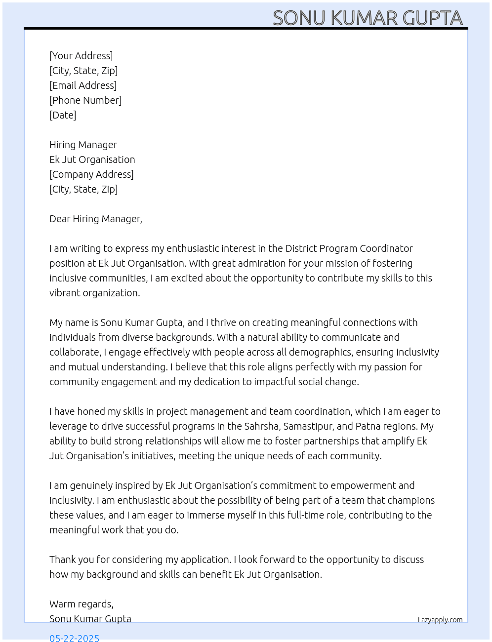  District Program Coordinator At Ek Jut organisation Cover Letter