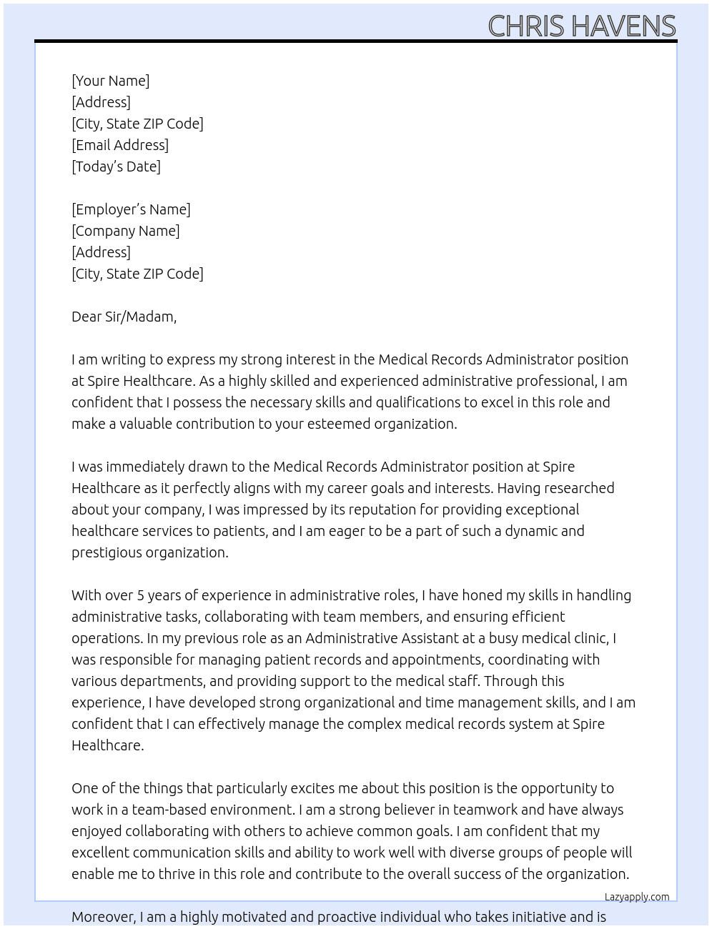 Cover letter for medical records administrator - LazyApply