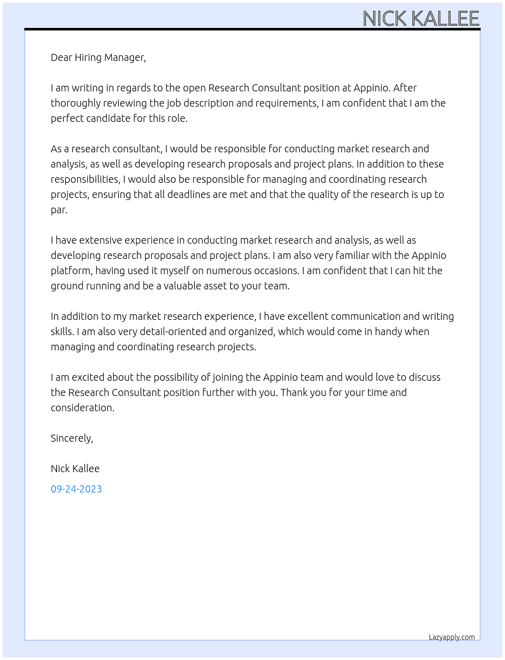 Research Consultant At Appinio Cover Letter